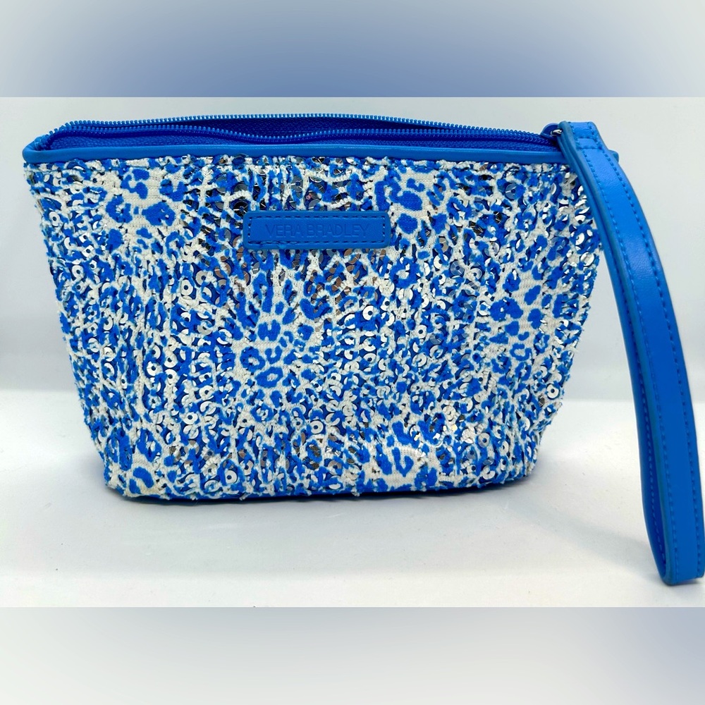 Vera Bradley Mesh Sequin Wristlet/Cosmetic Bag in Camocat Blue, EUC.